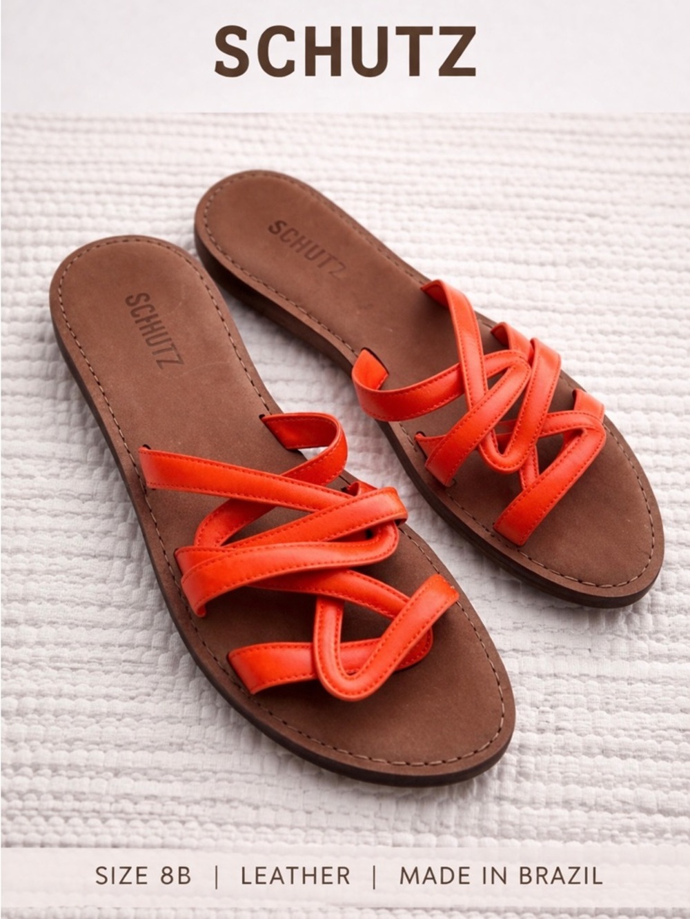Schutz Leather Loop Strap Slide Sandals Orange Coral Size 8